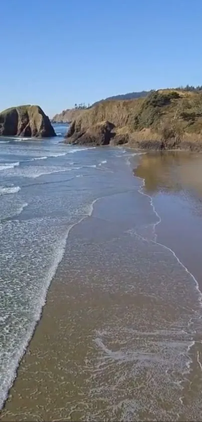 Scenic coastal beach with waves and blue sky on a sunny day.