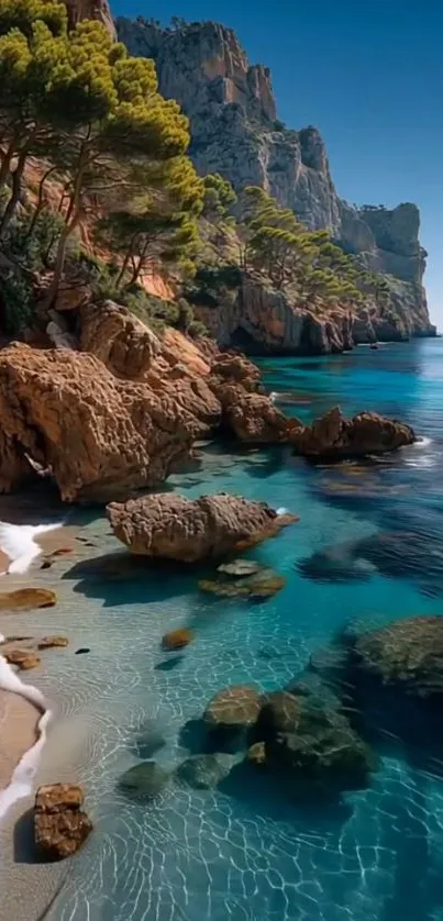 Scenic coastal landscape with blue waters and rocky cliffs.