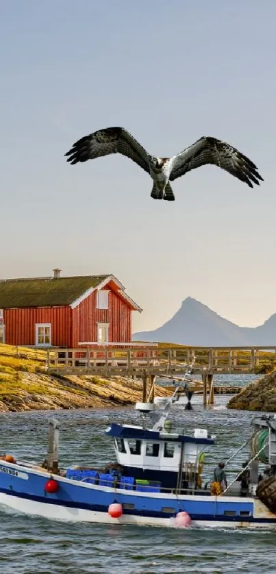 Peaceful boat and bird over coastal waters.