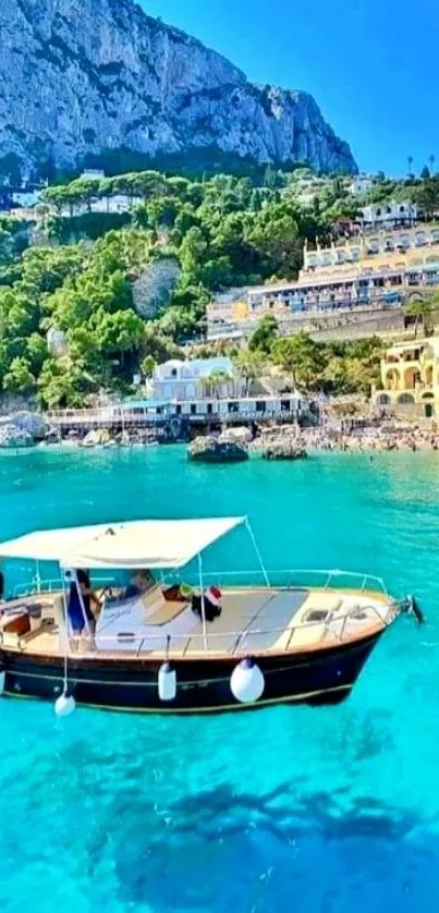 A charming wooden boat on turquoise waters near a scenic coastline.