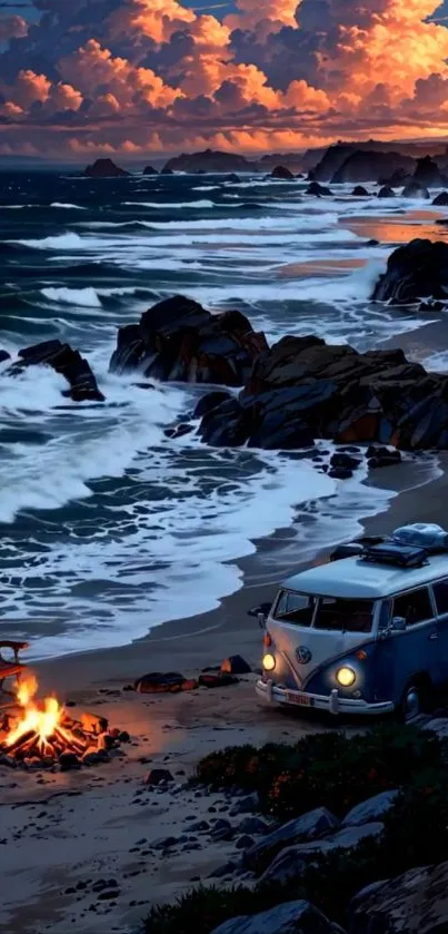 Coastal campfire by van at sunset on rocky beach.