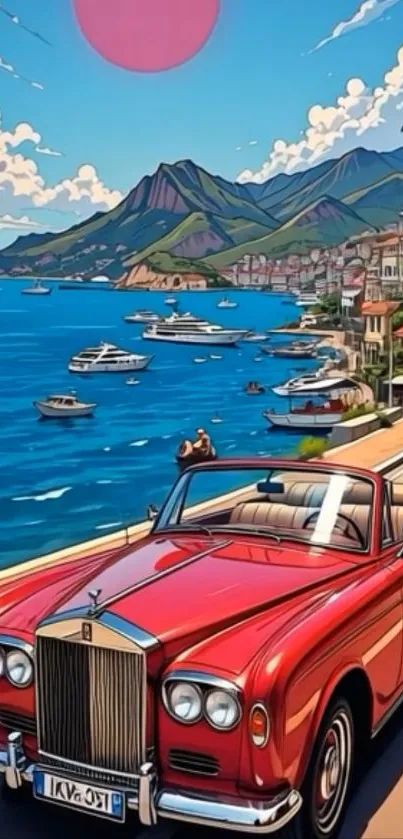 Red convertible on scenic coastal road with ocean view.