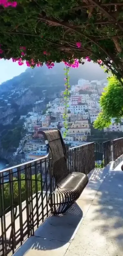 Bench under blooming vines overlooking a scenic coastal city.