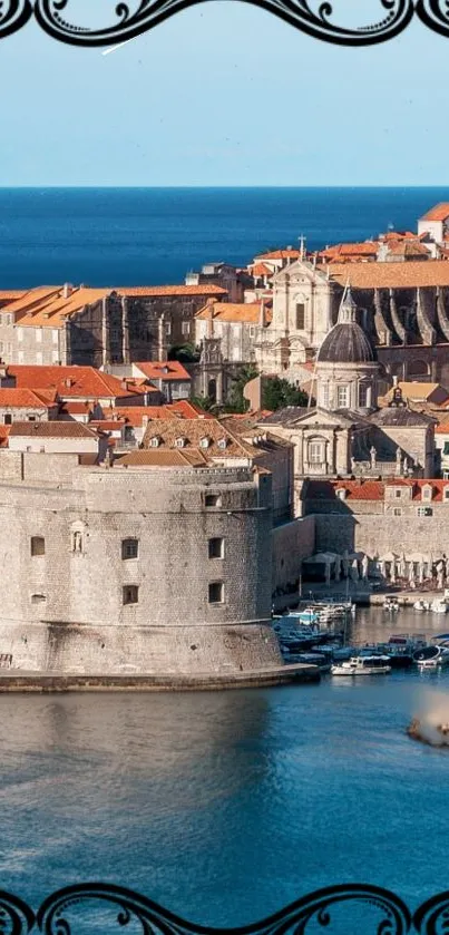 Scenic coastal city with blue sea and historic architecture.