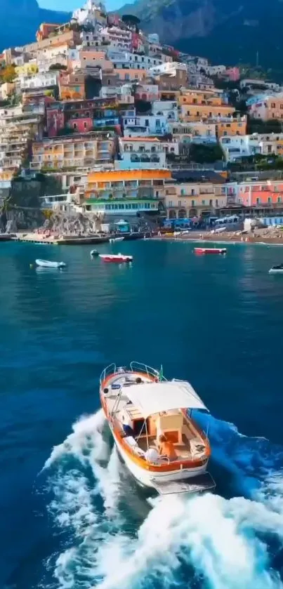 Boat sailing near a colorful Mediterranean coastal city with vibrant buildings.