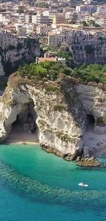 Scenic coastal view with turquoise waters and towering cliffs.