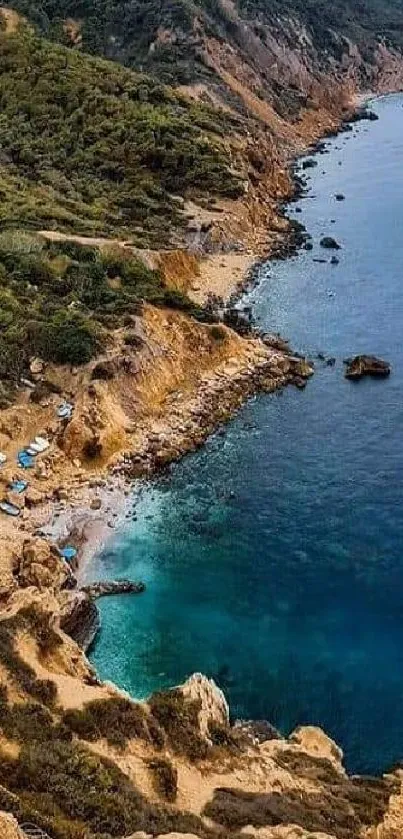 Scenic coastal cliff view with turquoise ocean waters and lush greenery.