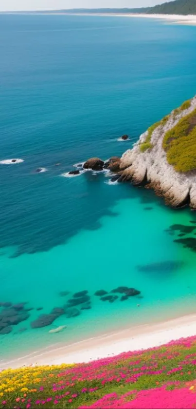 Scenic turquoise coastal cliff with vibrant flowers.