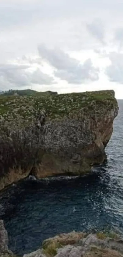 Dramatic cliff overlooking the ocean with cloudy skies in the background.