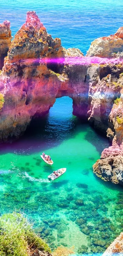 Vibrant coastal cliffs with turquoise water and boats, ideal for nature wallpapers.