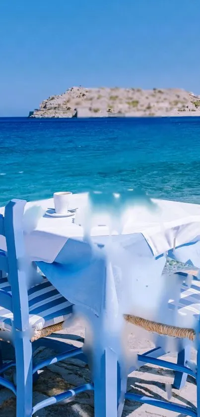 Peaceful coastal dining scene with blue ocean and scenic view.