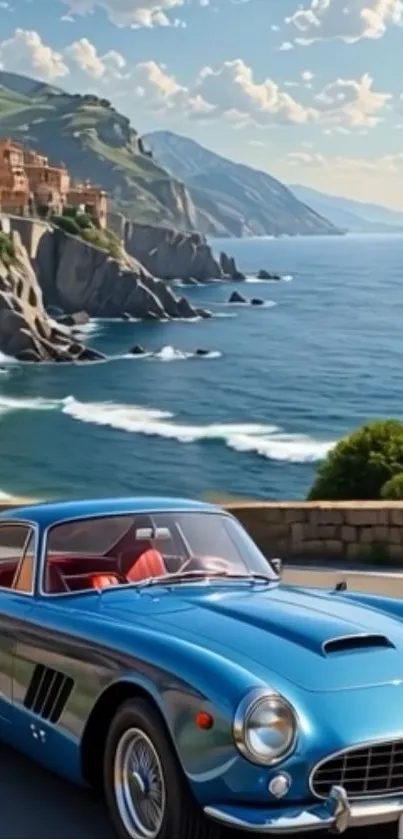 Classic blue car on scenic coastal road wallpaper.