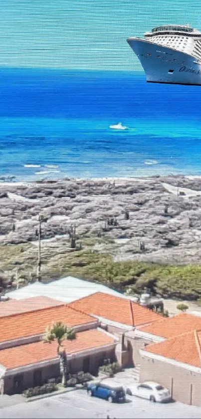 Aerial view of coastline with vibrant blue sea.