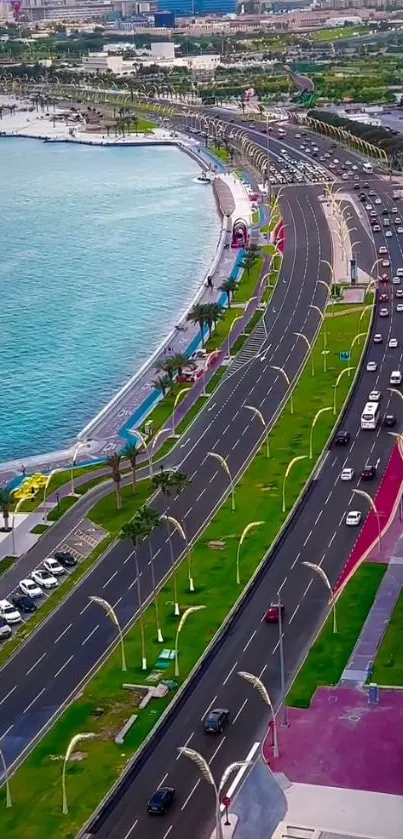 A scenic aerial view of a coastal highway with greenery and blue sea.