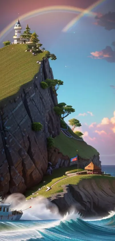 Wallpaper of a coastal cliff with a lighthouse, boat, and rainbow.