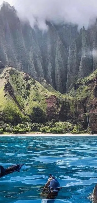 Vibrant coastal mountain scene with dolphins.