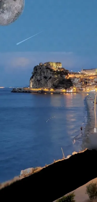 Coastal town at night with full moon reflecting on peaceful waters.