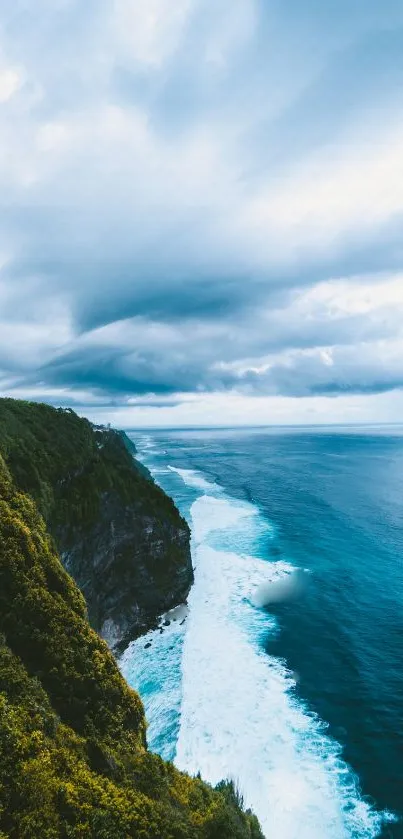 Stunning ocean view with cliffs, waves, and a dramatic sky.