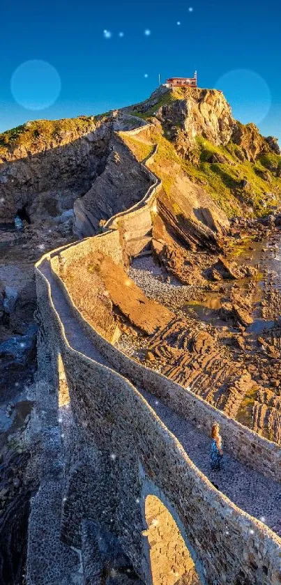 Scenic coastal pathway with cliffs and blue sky.