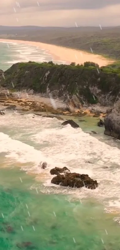 Rain-drenched coastline with waves and cliffs.