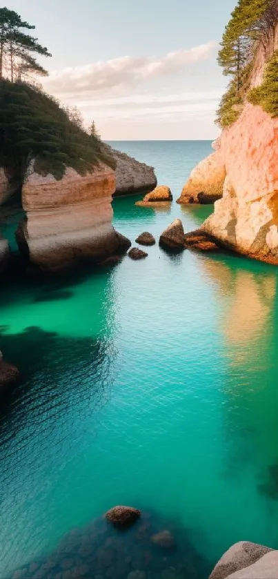 Scenic view of coastal caves with turquoise water and lush green trees.