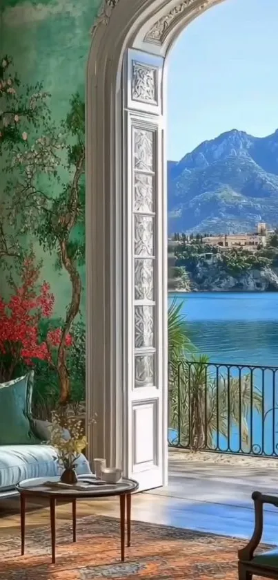 Open room with sea and mountain view.