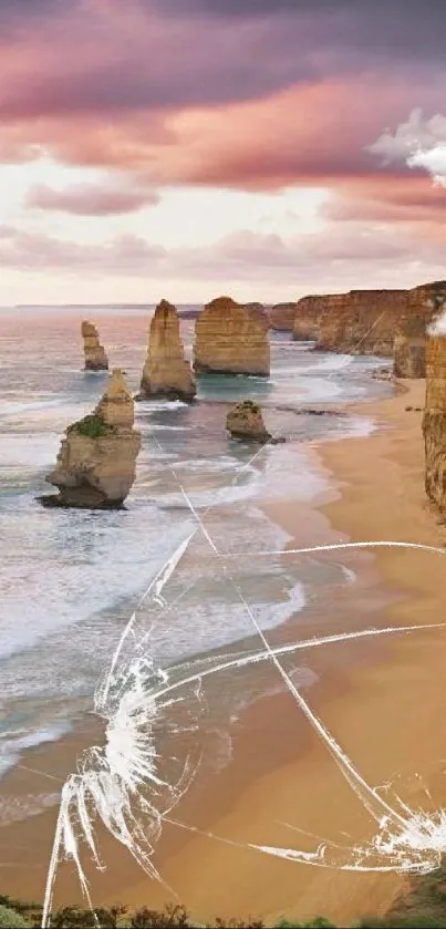 Breathtaking sunset over rocky coastal cliffs and ocean waves.