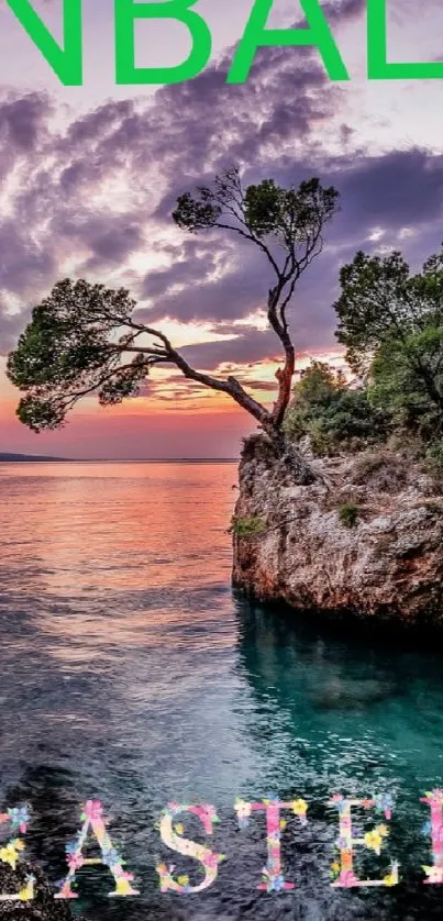 Scenic sunset view with rock island and tree on tranquil water.