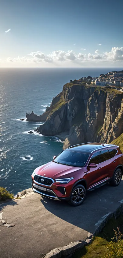 Red SUV parked on a scenic cliff with ocean view.