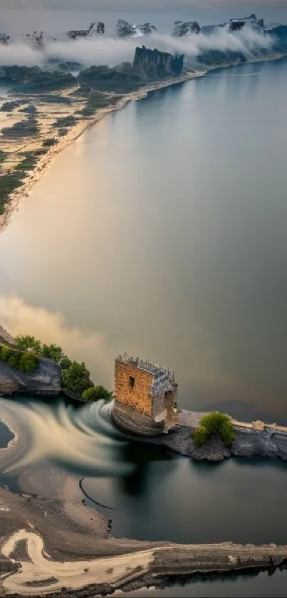 Serene coastal scenery with a historic tower and misty backdrop.