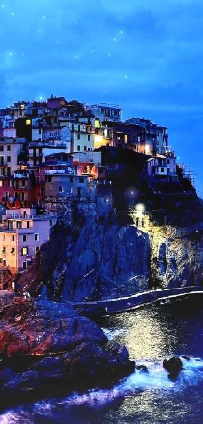 Serene coastal town at dusk with vibrant lights and deep blue skies.