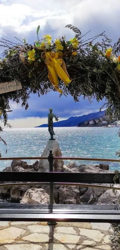 Scenic coast with floral archway and ocean view.