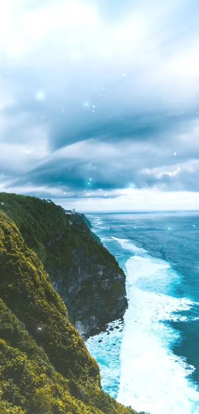 Scenic coastal view with cliffs and ocean under a vibrant sky.