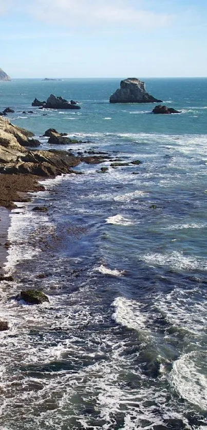 Scenic view of rugged cliffs and ocean waves along a picturesque coastline.