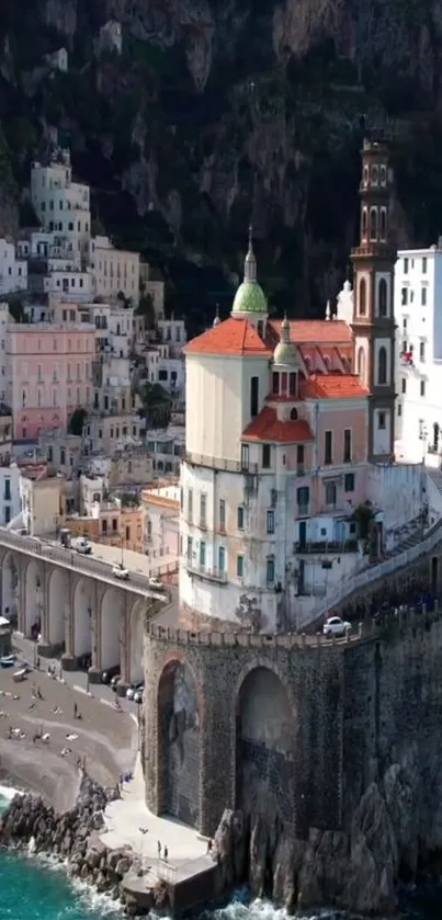 Coastal village with stunning architecture and dramatic cliffs overlooking the sea.