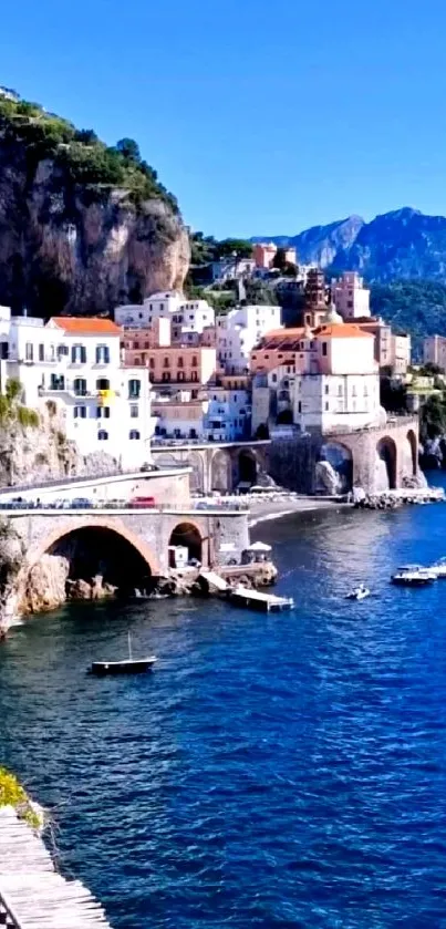 Scenic coastal town with colorful buildings and blue waters.