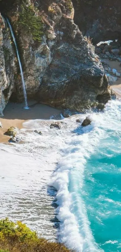 Coastal waterfall with turquoise waters and sandy beach.