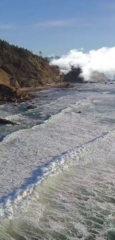 Scenic view of coastal waves against rocky cliffs under a bright sky.