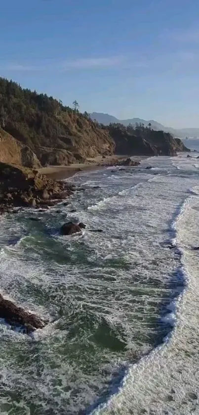 Ocean waves crashing against cliffs at the coastline.