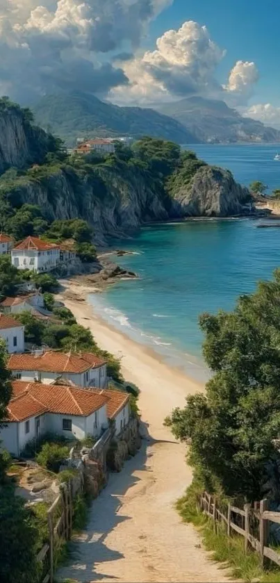 Coastal path leading to a serene beach with villas and lush greenery.