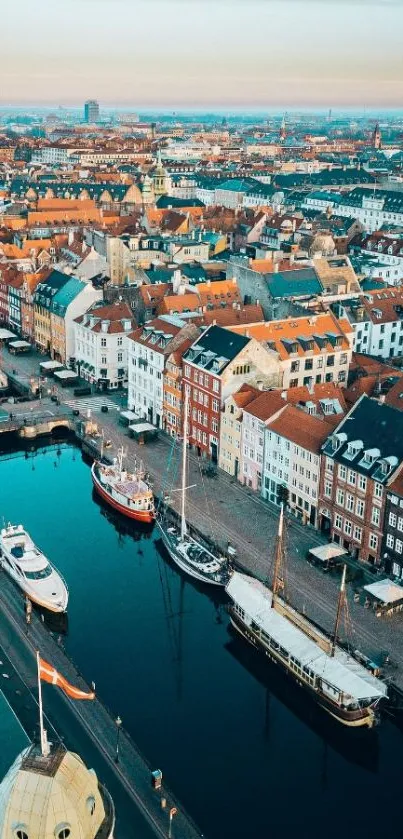 Aerial view of Copenhagen's colorful harbor and cityscape.