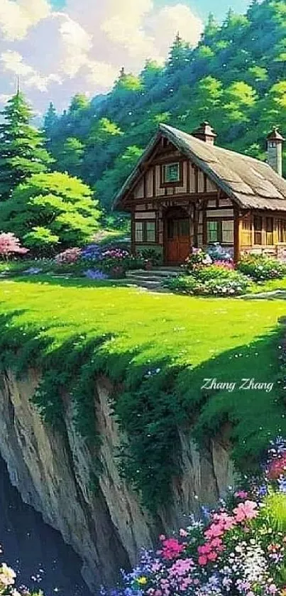 Charming cottage on a green cliffside with colorful flowers and lush trees.