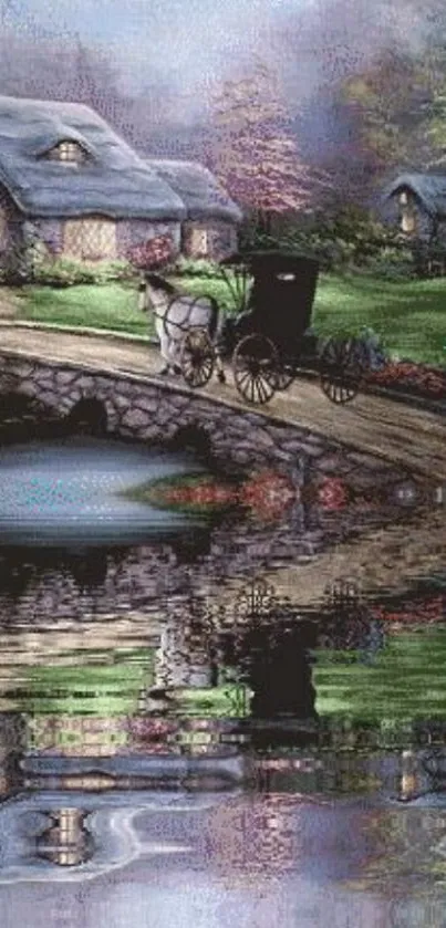 Cottage with horse-drawn carriage by a reflective pond.