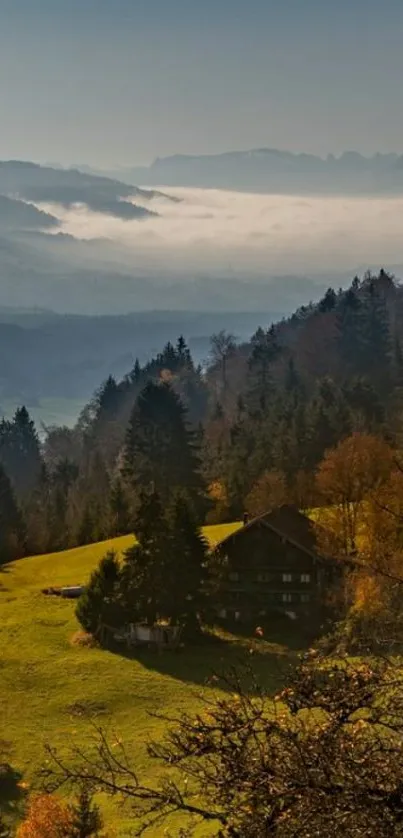 Misty autumn hills with a rustic cottage and trees in a scenic countryside.