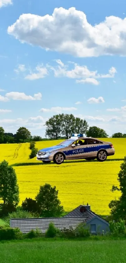 Convertible driving through fields under a blue sky.