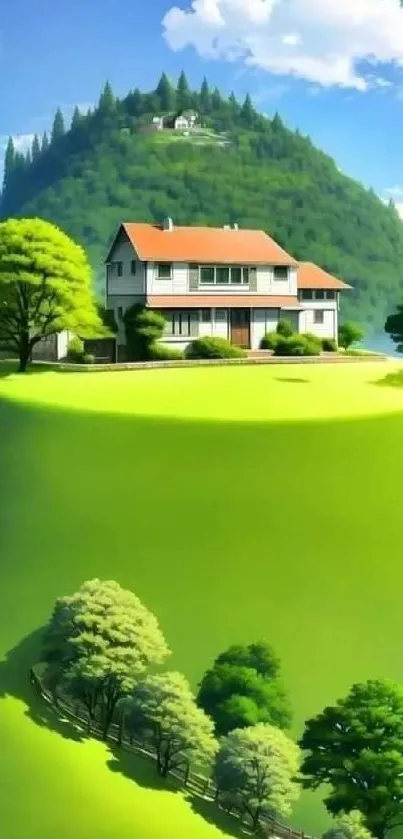 Scenic countryside house on a green hill with lush trees and mountain.