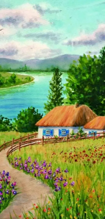 Scenic countryside landscape with cottage and river.