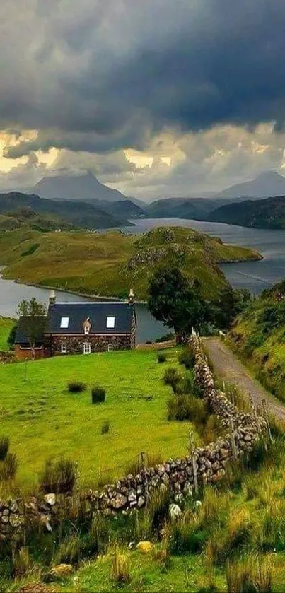 Serene countryside landscape with cottage and lake view.