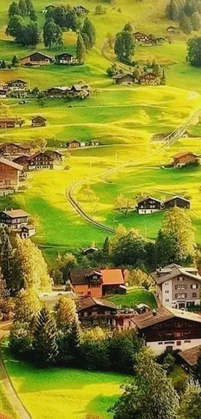 Scenic mobile wallpaper of a countryside landscape with green hills and houses.