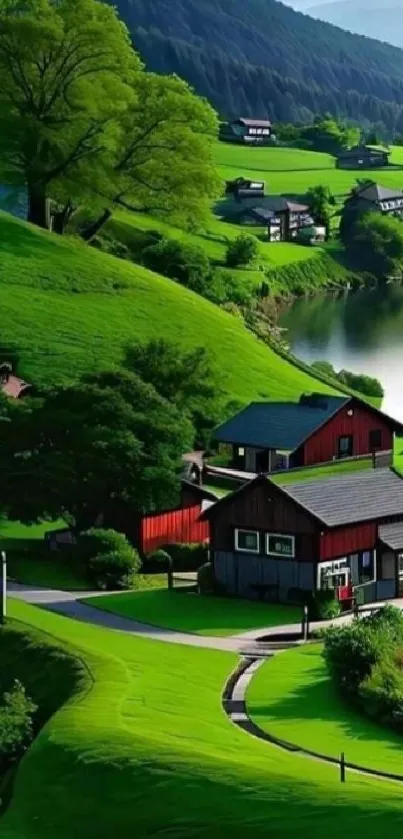 Green countryside with red houses and a river.